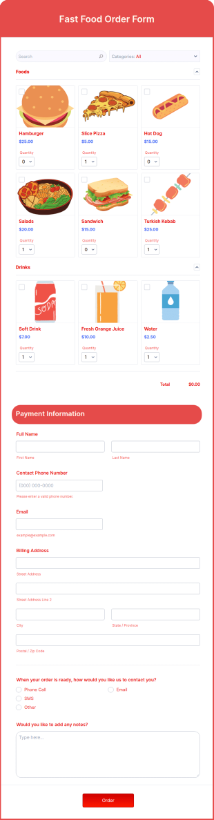 Fast Food Order Form Template