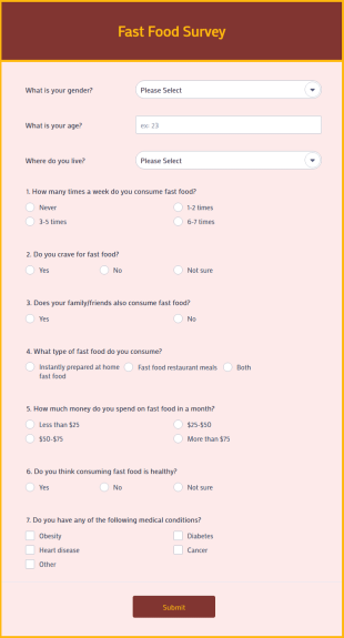 Fast Food Survey Form Template