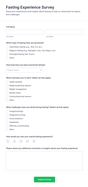 Fasting Experience Survey Form Template
