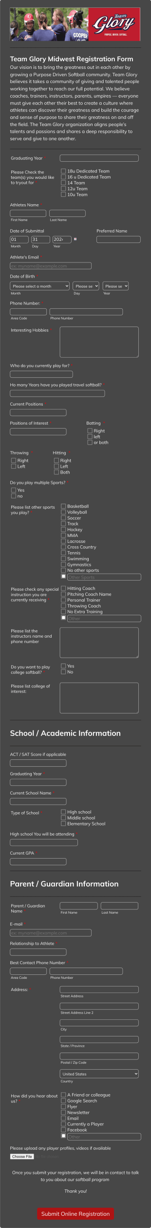 Sports Organization Online Registration Form Template