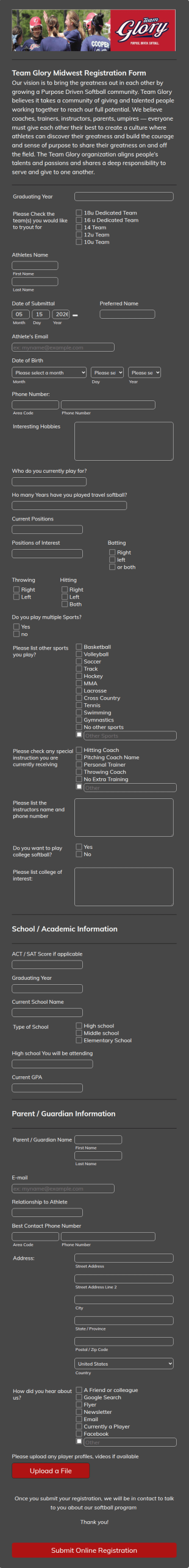 Sports Organization Online Registration Form Template