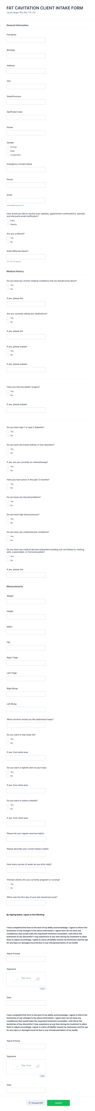 Fat Cavitation Client Intake Form Template
