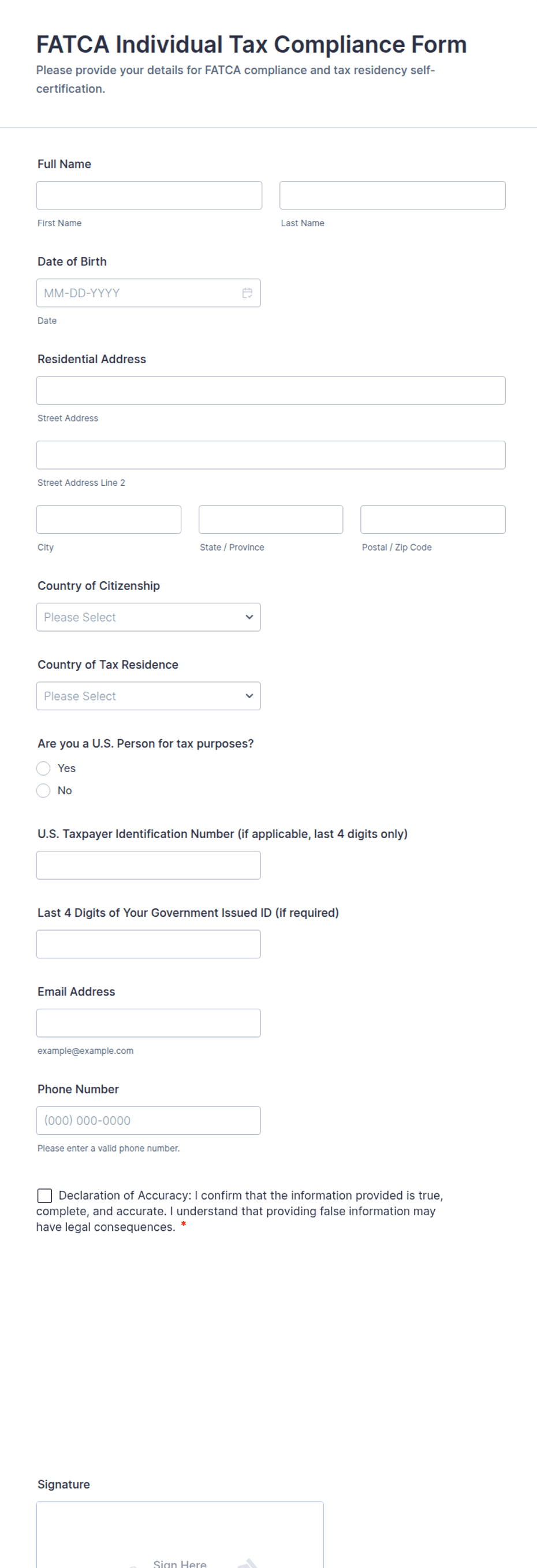 FATCA Individual Tax Compliance Form Template | Jotform