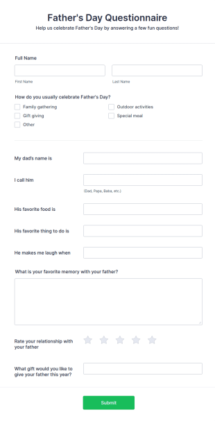 Father's Day Questionnaire Form Template