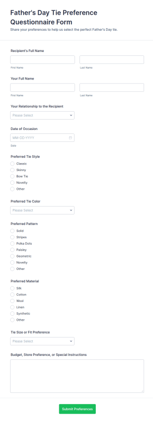 Father's Day Tie Preference Questionnaire Form Template