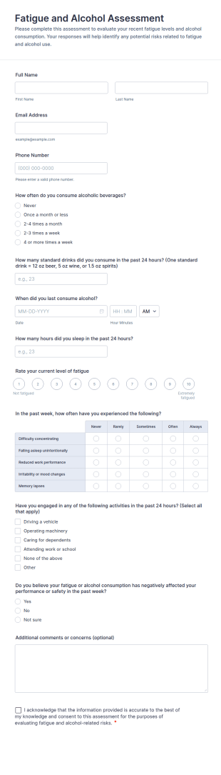 Fatigue And Alcohol Assessment Form Template