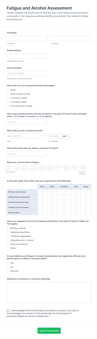 Fatigue And Alcohol Assessment Form Template
