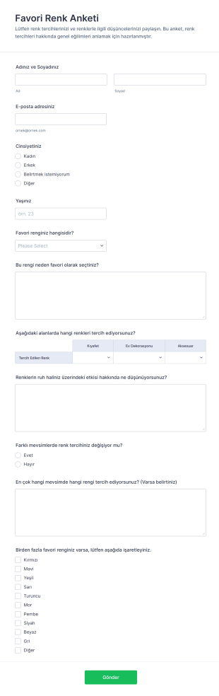 Favori Renk Anketi Form Şablonu