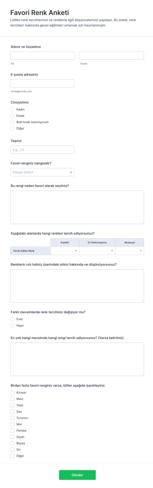 Favori Renk Anketi Form Şablonu