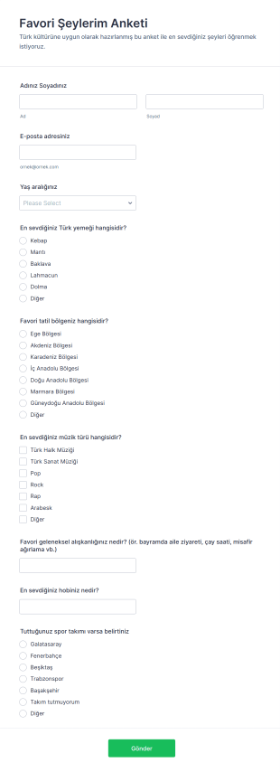Favori Şeylerim Anketi Form Template