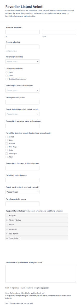 Favoriler Listesi Form Şablonu