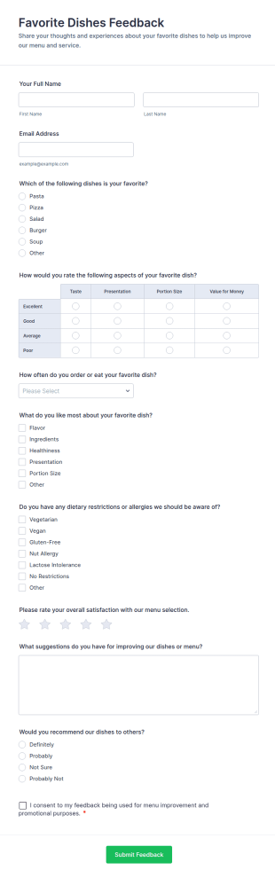Favorite Dishes Feedback Form Template