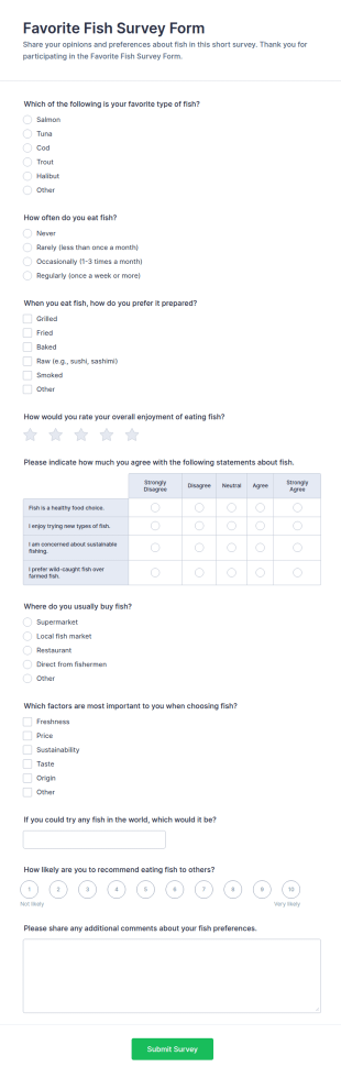 Favorite Fish Survey Form Template