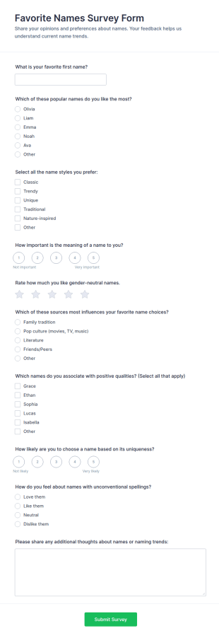 Favorite Names Survey Form Template