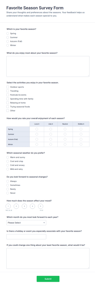 Favorite Season Survey Form Template