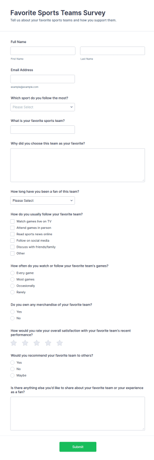 Favorite Sports Teams Survey Form Template