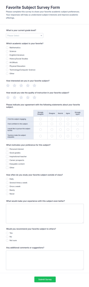 Favorite Subject Survey Form Template