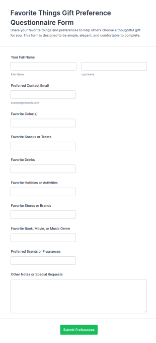 Favorite Things Gift Preference Questionnaire Form Template
