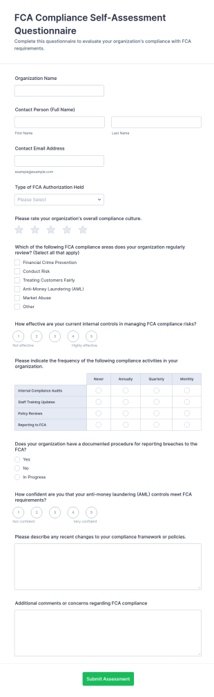 FCA Compliance Self Assessment Questionnaire Form Template