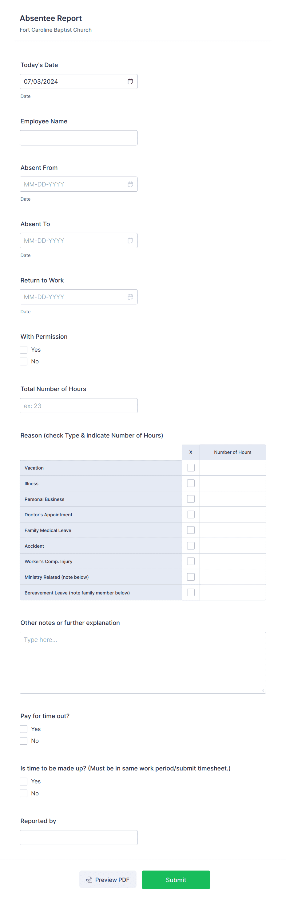 Absence Line Report Template FCBC Absentee Report Form Template | Jotform
