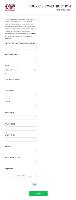 Construction Time Sheet Form Template