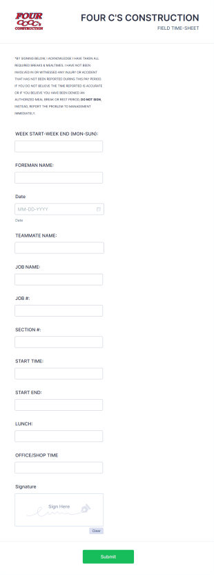 Construction Time Sheet Form Template