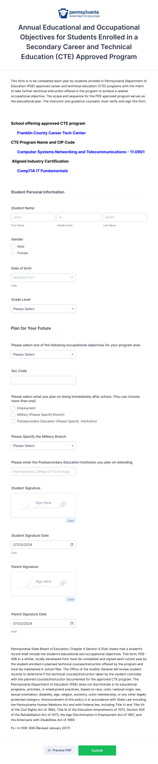 Career Objectives Form Template