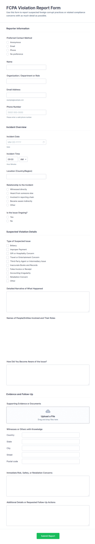 FCPA Violation Report Form Template