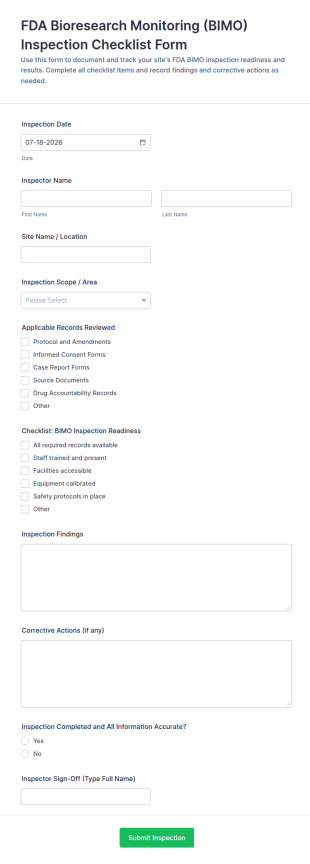 FDA Bioresearch Monitoring (BIMO) Inspection Checklist Form Template