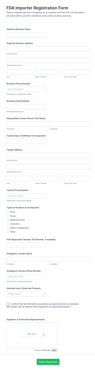 FDA Importer Registration Form Template