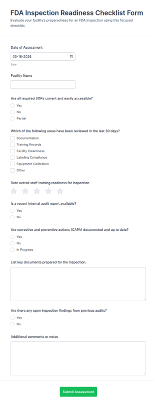FDA Inspection Readiness Checklist Form Template