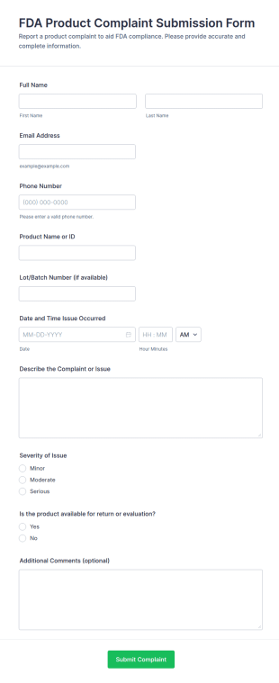 FDA Product Complaint Submission Form Template