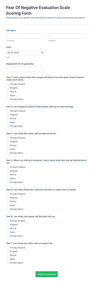 Fear Of Negative Evaluation Scale Scoring Form Template