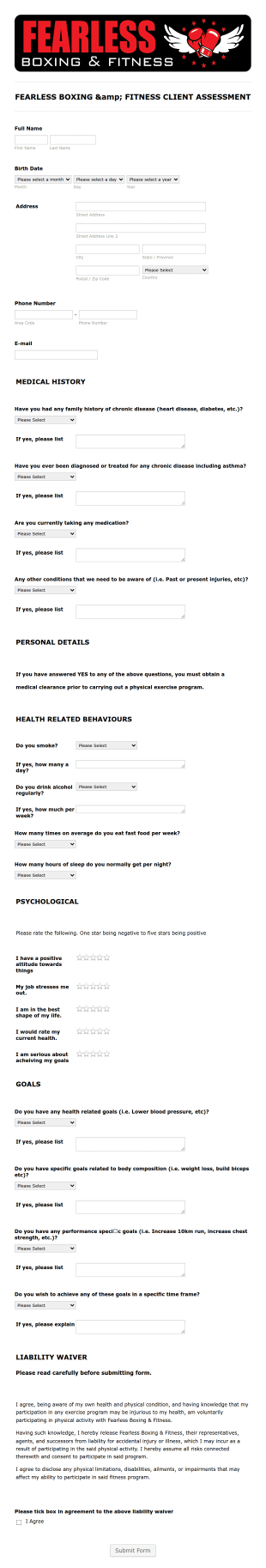 Boxing And Fitness Client Assessment Form Template