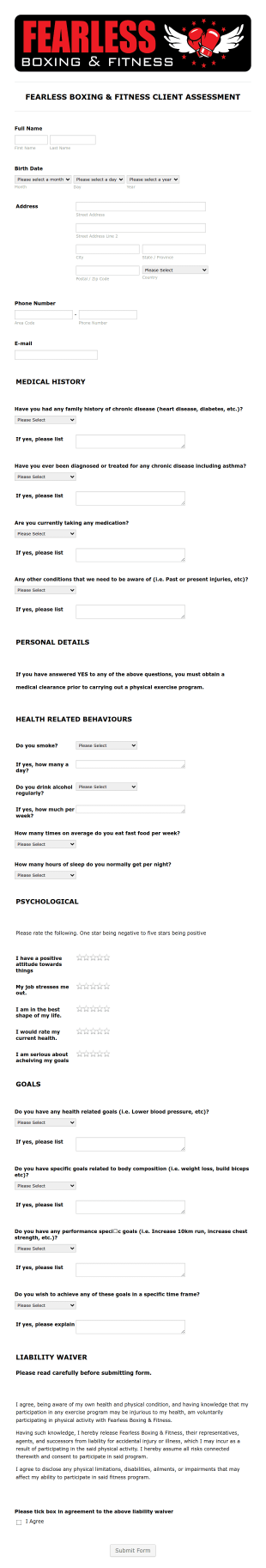 Boxing And Fitness Client Assessment Form Template