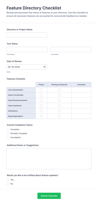 Feature Directory Checklist Form Template