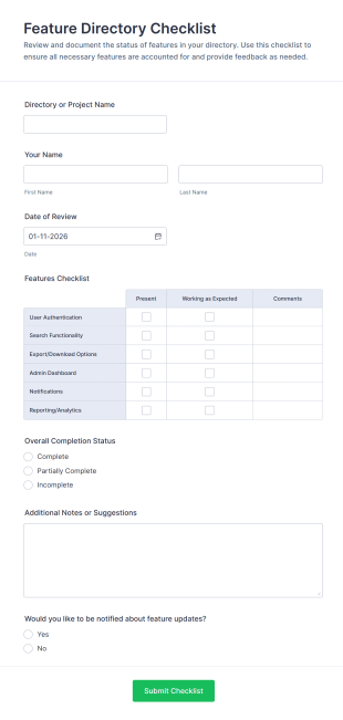 Feature Directory Checklist Form Template