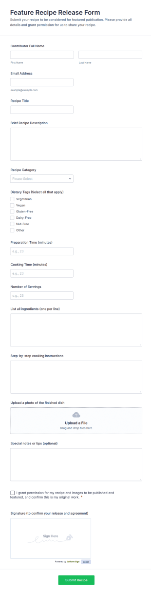 Feature Recipe Release Form Template