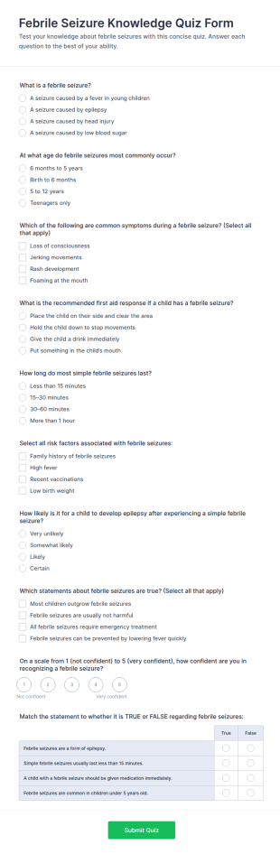Febrile Seizure Knowledge Quiz Form Template