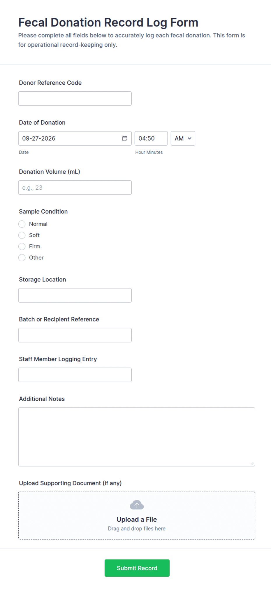 Fecal Donation Record Log Form Template | Jotform
