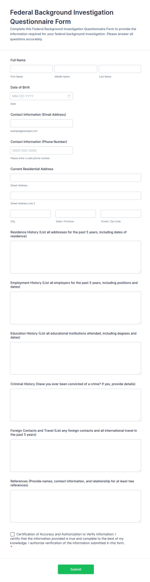 Federal Background Investigation Questionnaire Form Template