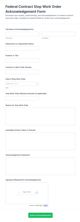 Federal Contract Stop Work Order Acknowledgement Form Template
