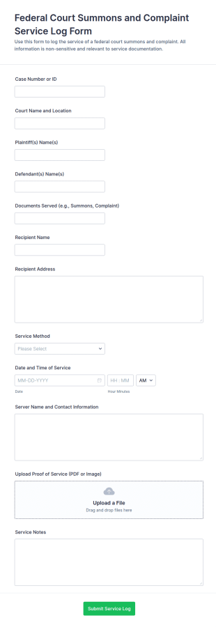 Federal Court Summons And Complaint Service Log Form Template