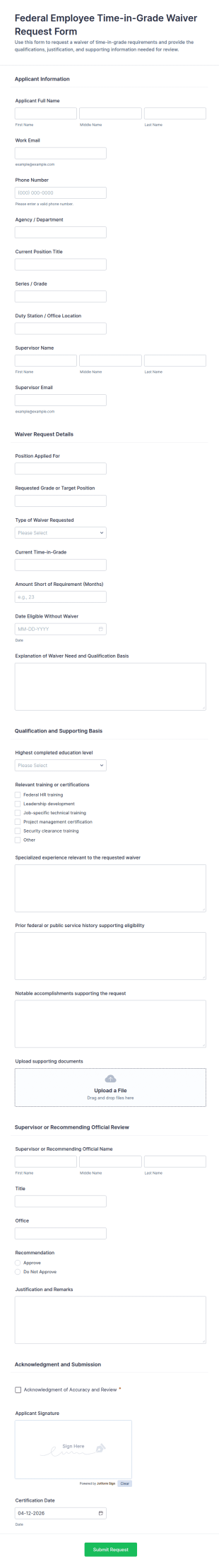Federal Employee Time In Grade Waiver Request Form Template