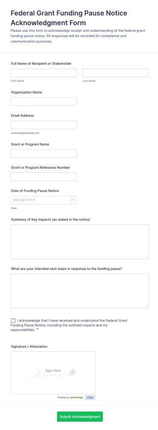 Federal Grant Funding Pause Notice Acknowledgment Form Template