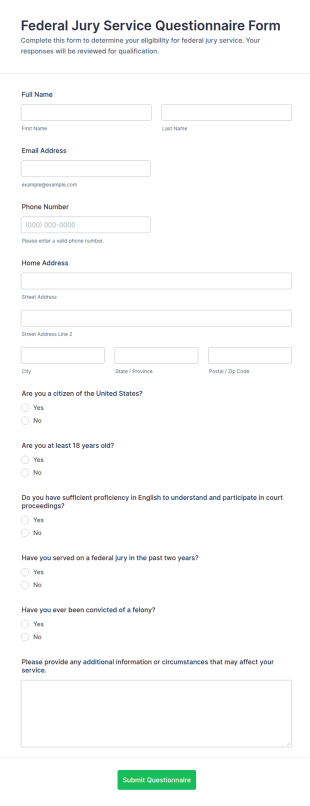 Federal Jury Service Questionnaire Form Template