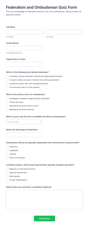 Federalism And Ombudsman Quiz Form Template