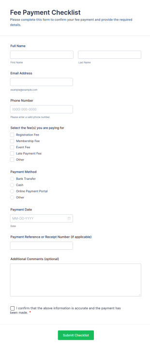 Fee Payment Checklist Form Template