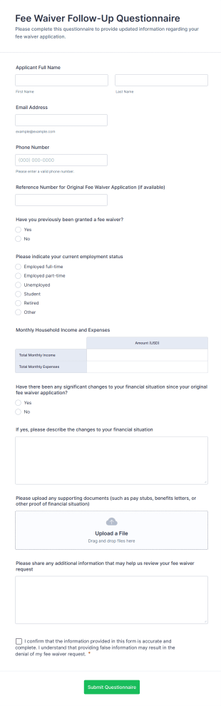 Fee Waiver Follow Up Questionnaire Form Template