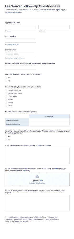 Fee Waiver Follow Up Questionnaire Form Template